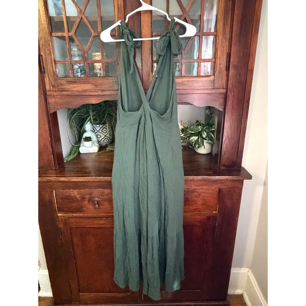 Abercrombie & Fitch Green Tie Shoulder Tiered Maxi Dress Large 100% Viscose
